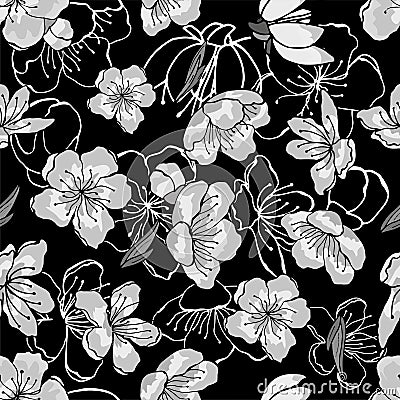 White, gray, black cherry flowers in oriental style Vector Illustration